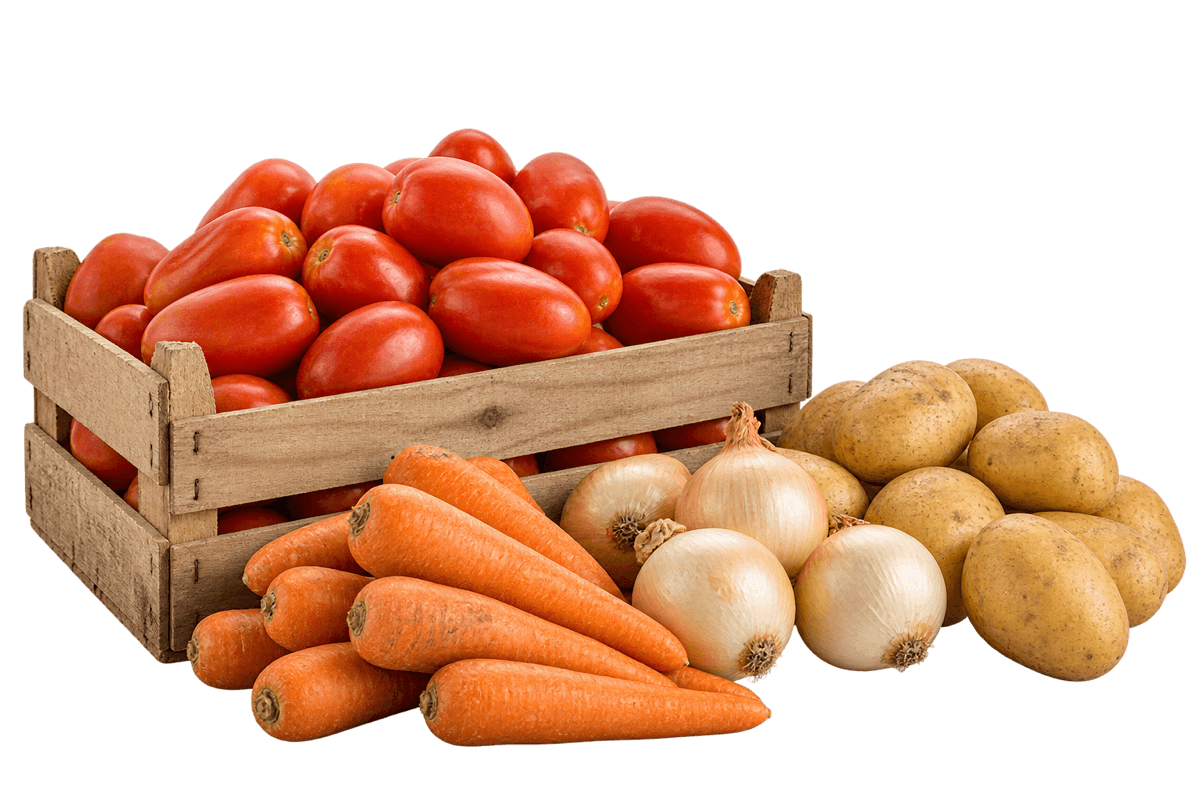 Caixa de tomates com cenouras, cebolas e batatas